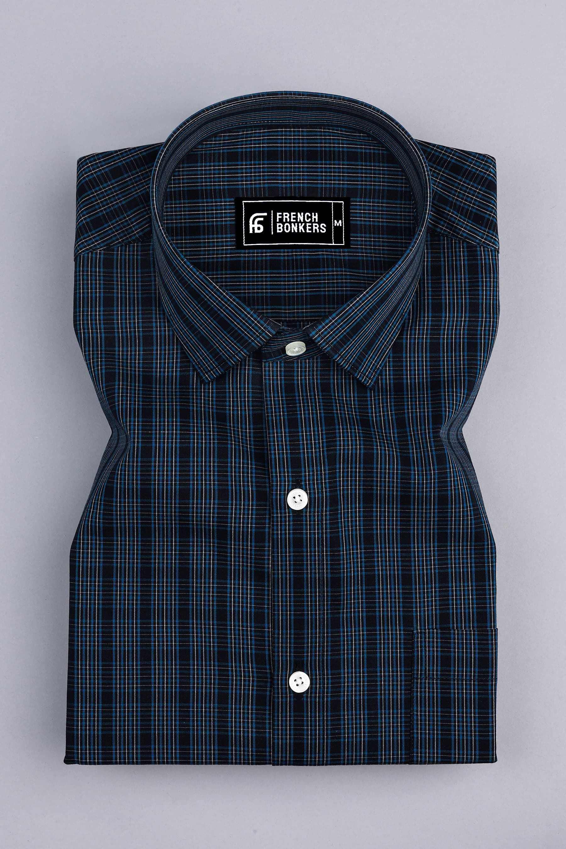 Black with cream and blue line check shirt