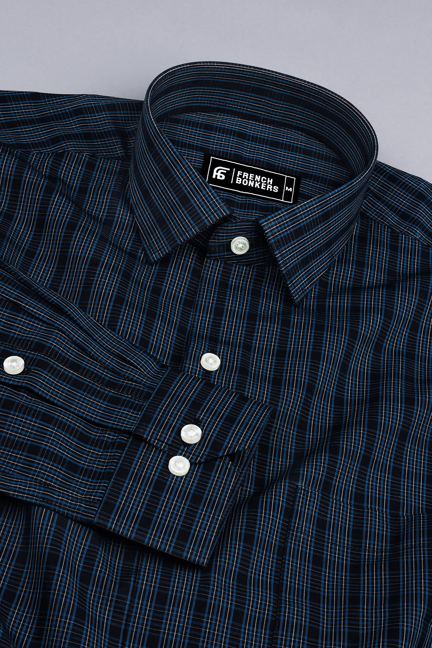 Black with cream and blue line check shirt