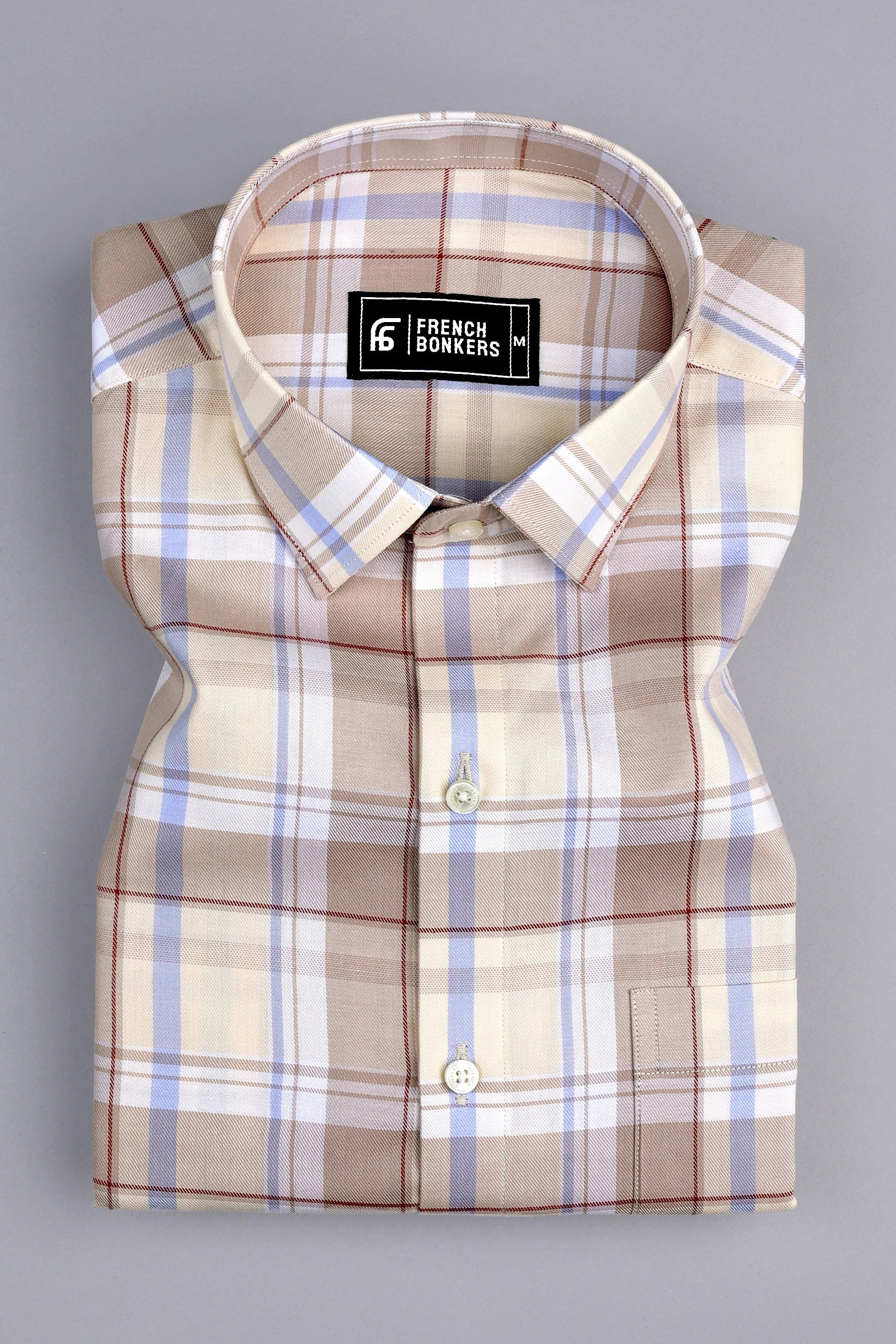 Cream with Light brown windowpane check shirt