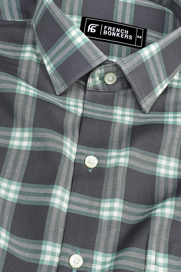 Grey with olive and white windowpane check shirt