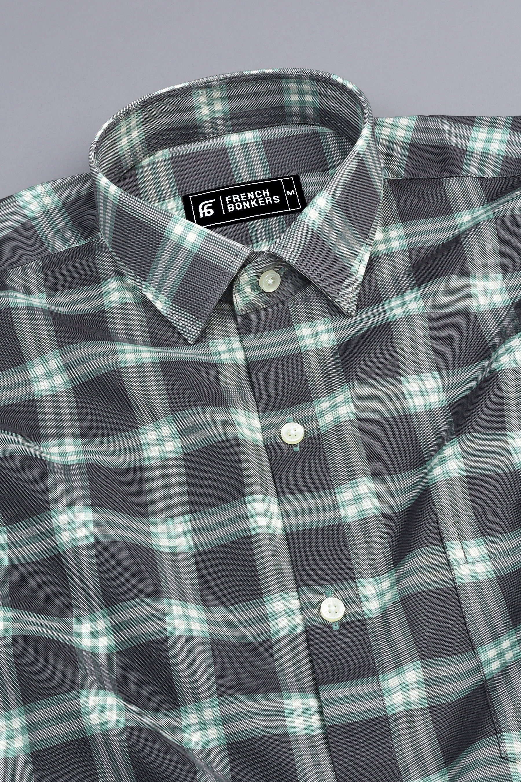 Grey with olive and white windowpane check shirt