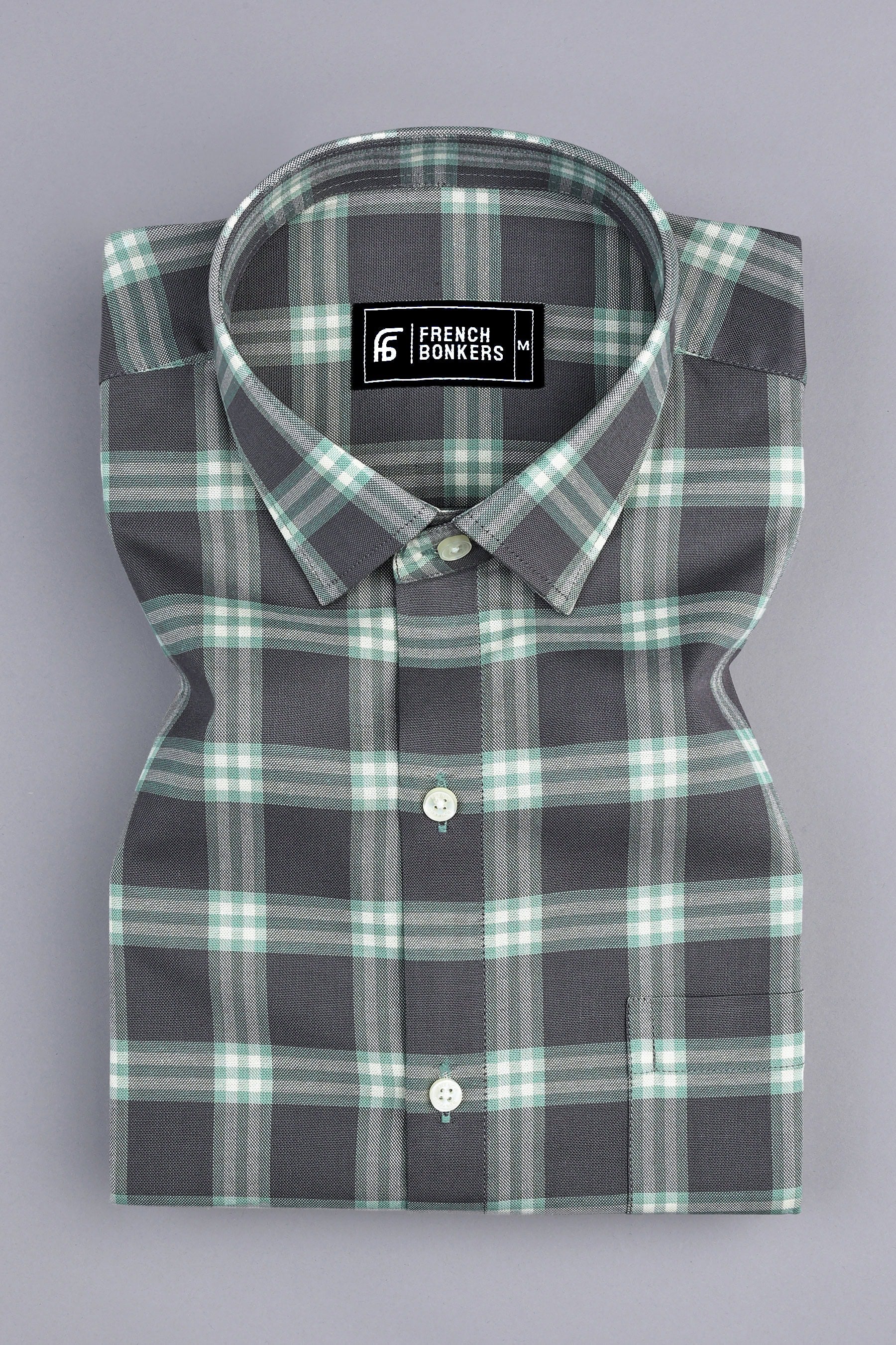 Grey with olive and white windowpane check shirt