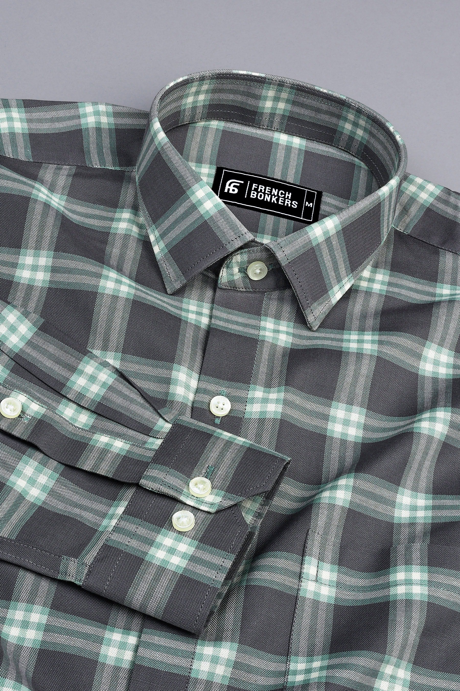 Grey with olive and white windowpane check shirt