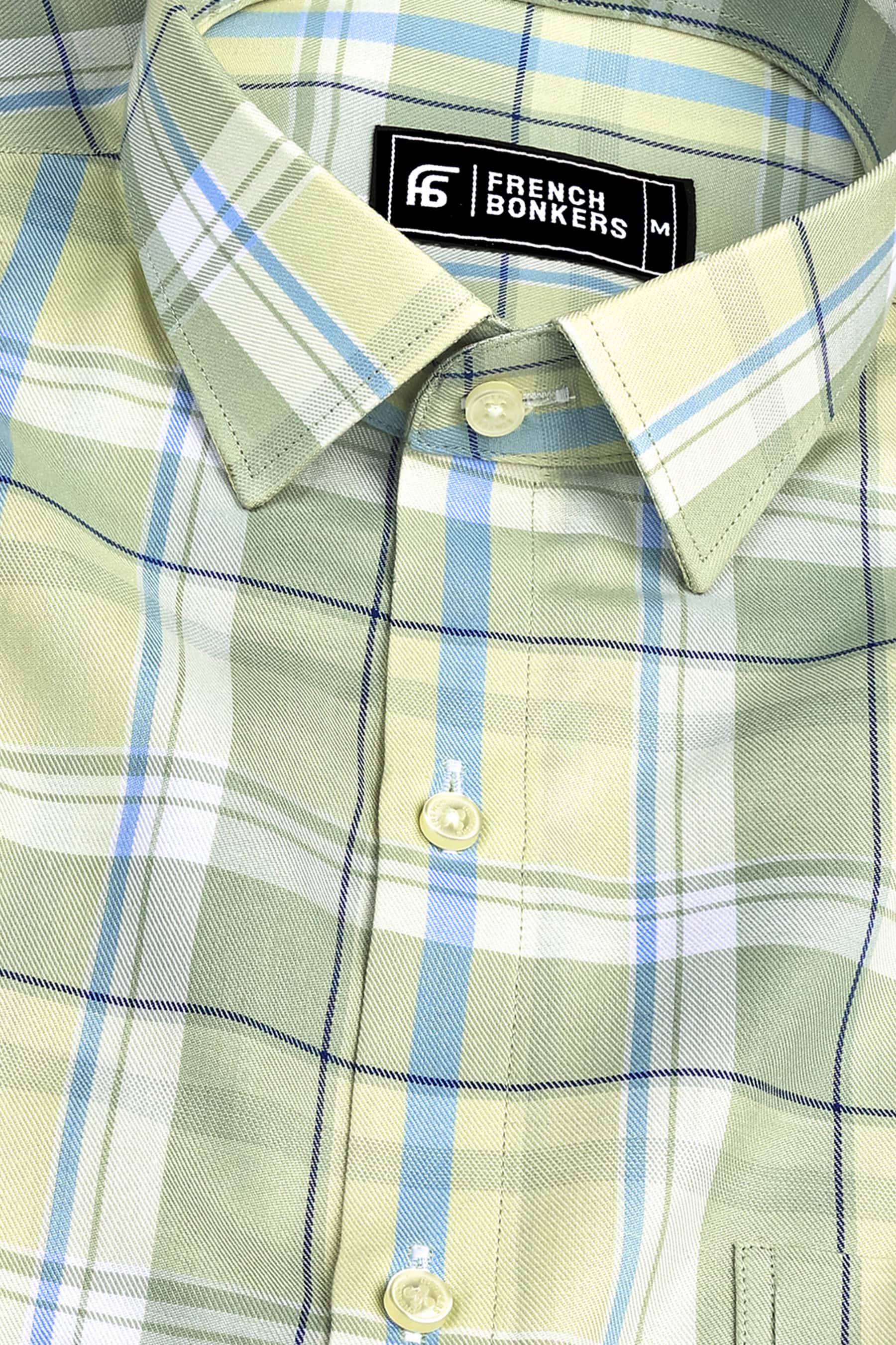 Light yellow with blue windowpane check shirt