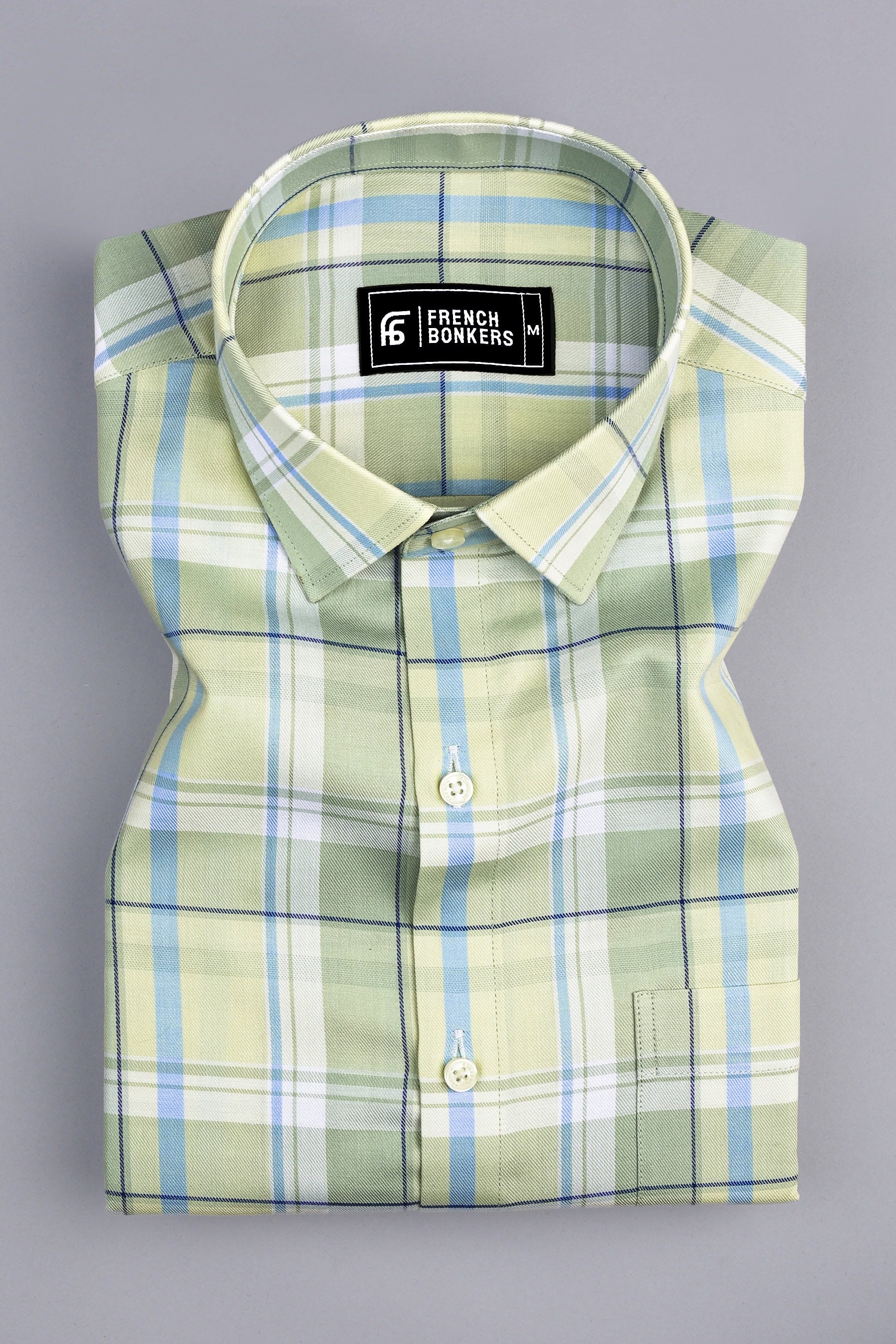 Light yellow with blue windowpane check shirt