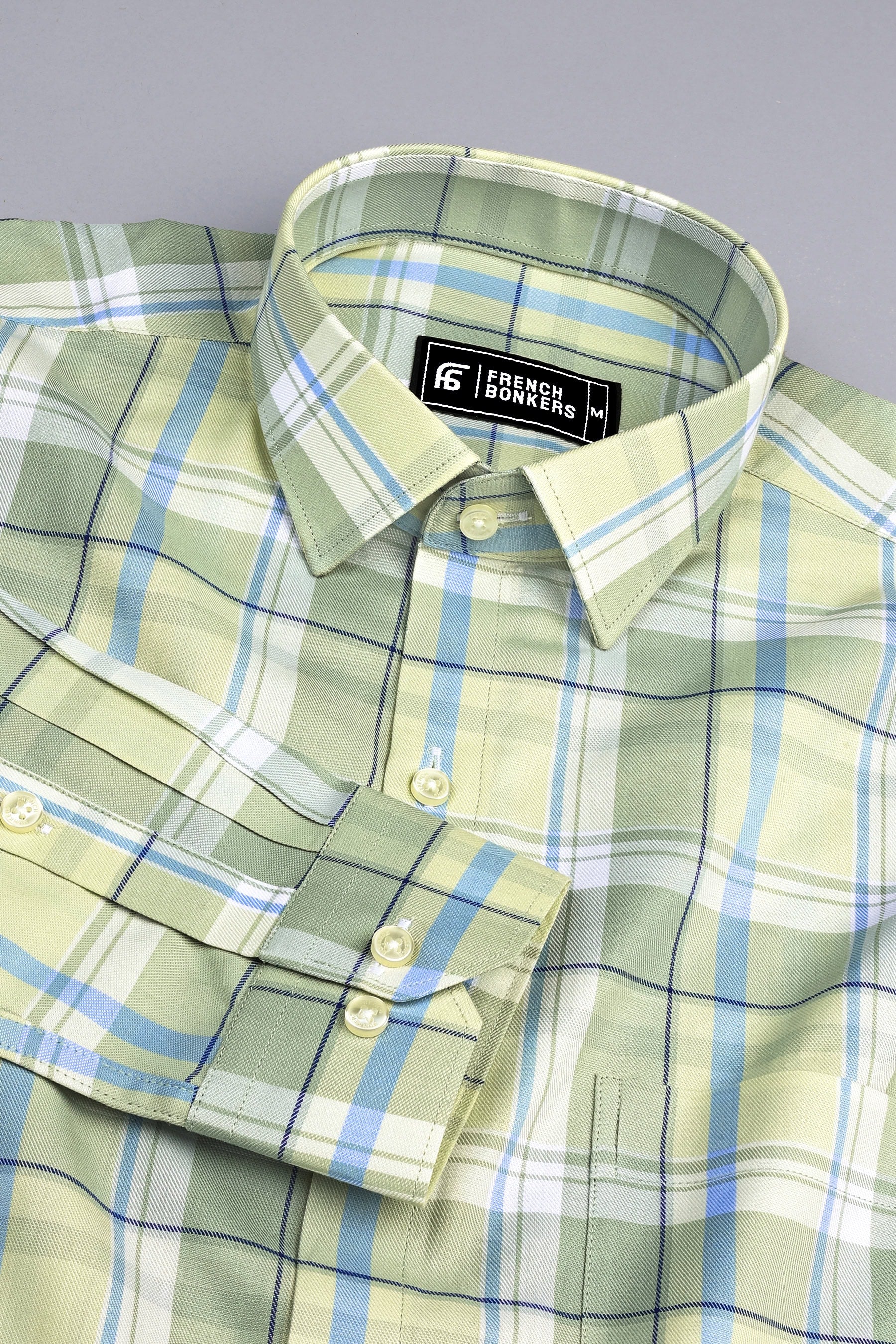 Light yellow with blue windowpane check shirt