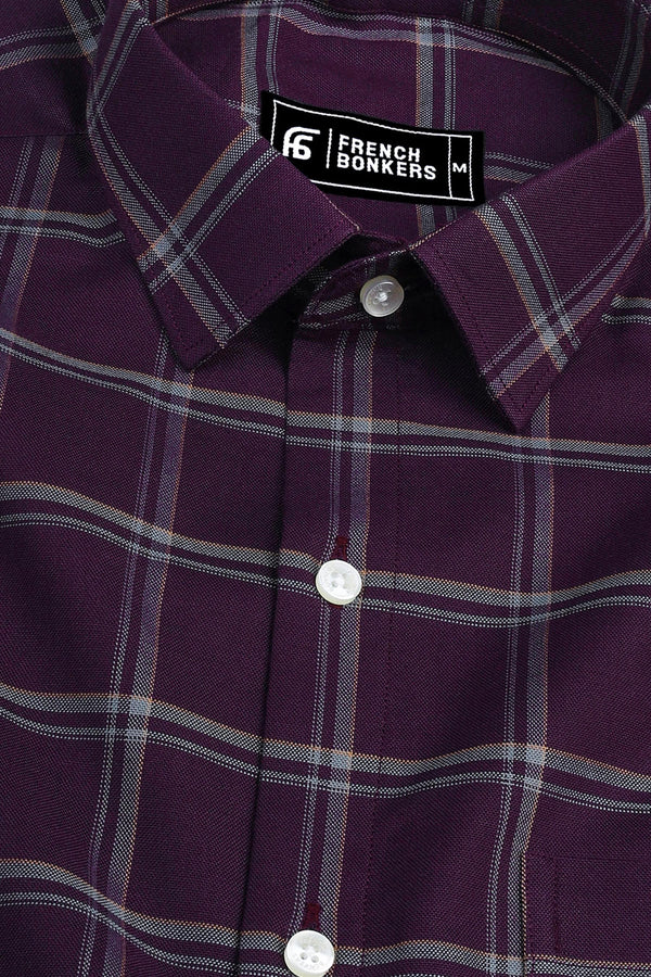 Wine red with white windowpane check shirt