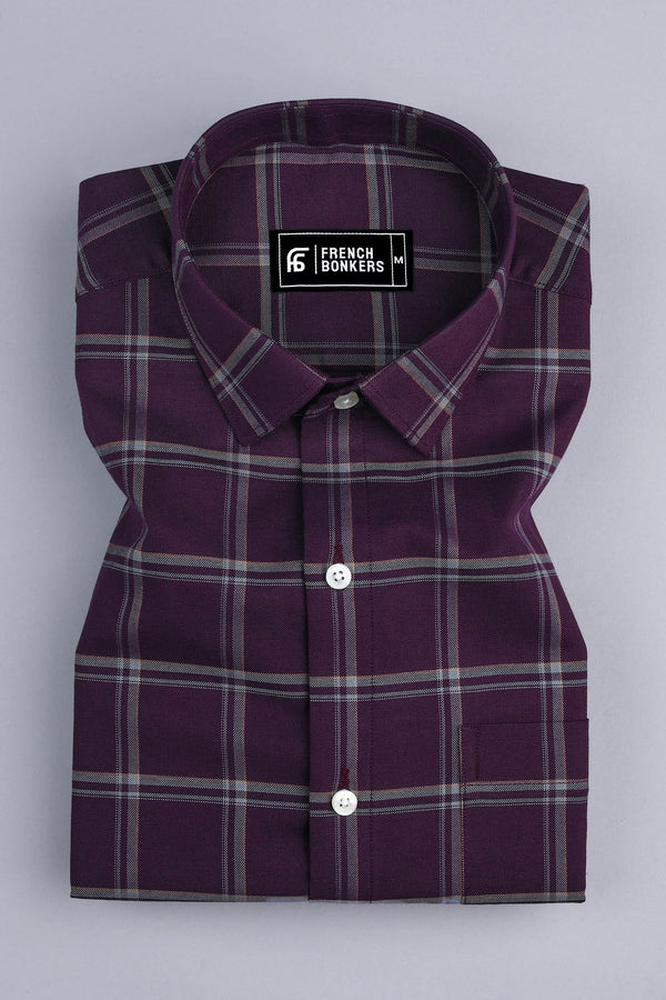 Wine red with white windowpane check shirt