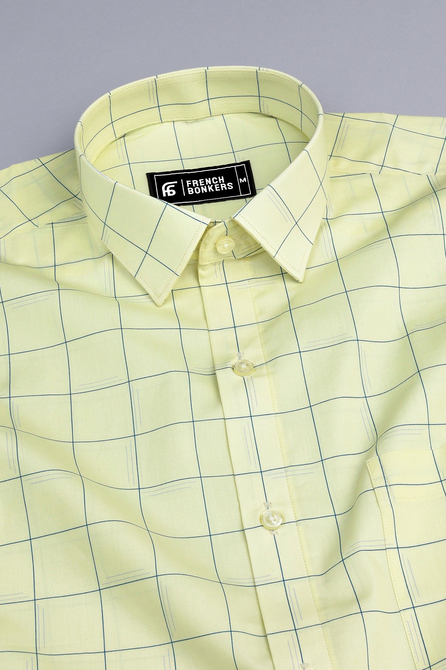 Light yellow with royal blue line box check shirt