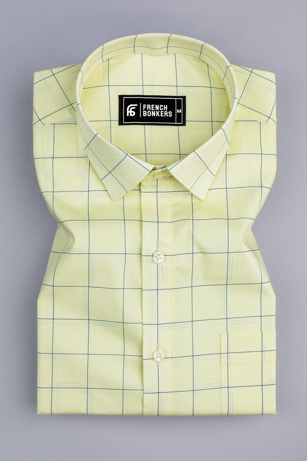 Light yellow with royal blue line box check shirt