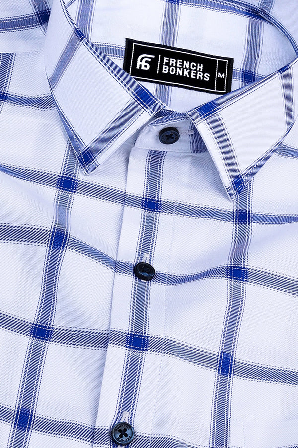 White with blue windowpane check shirt