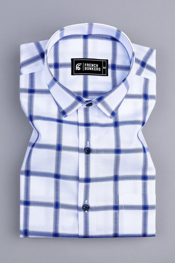 White with blue windowpane check shirt