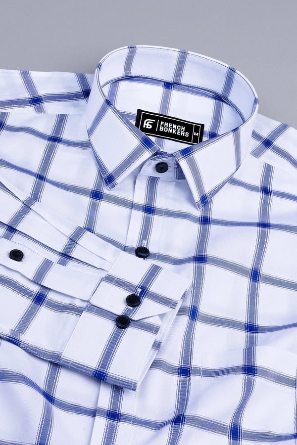 White with blue windowpane check shirt