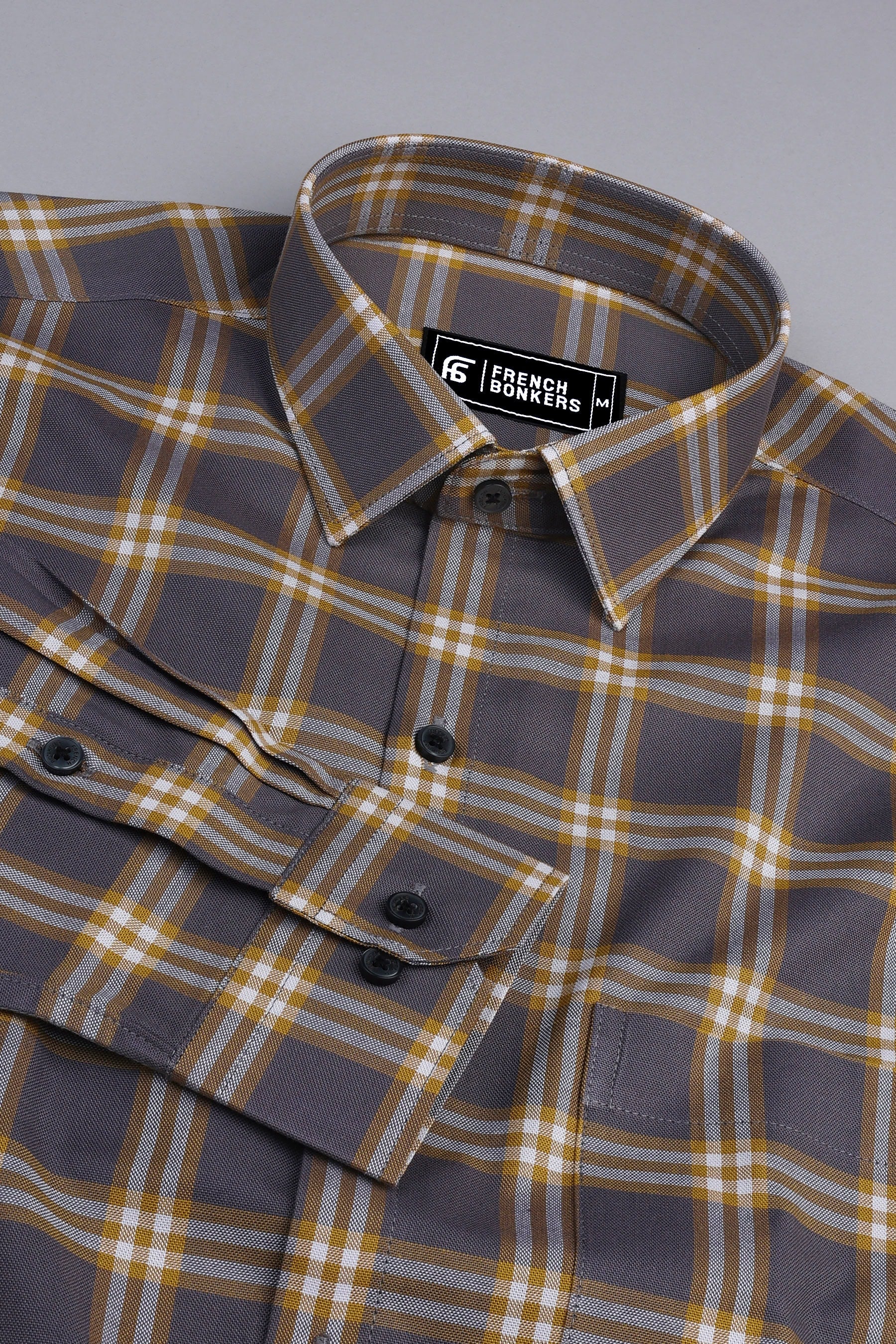 Brown with yellow and white windowpane check shirt