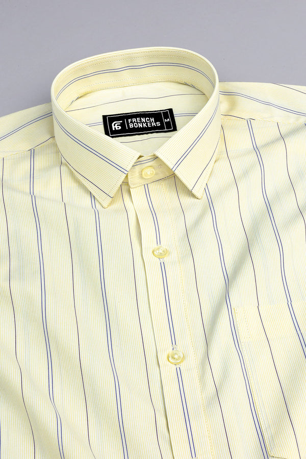 Butter yellow with royal blue stripe shirt