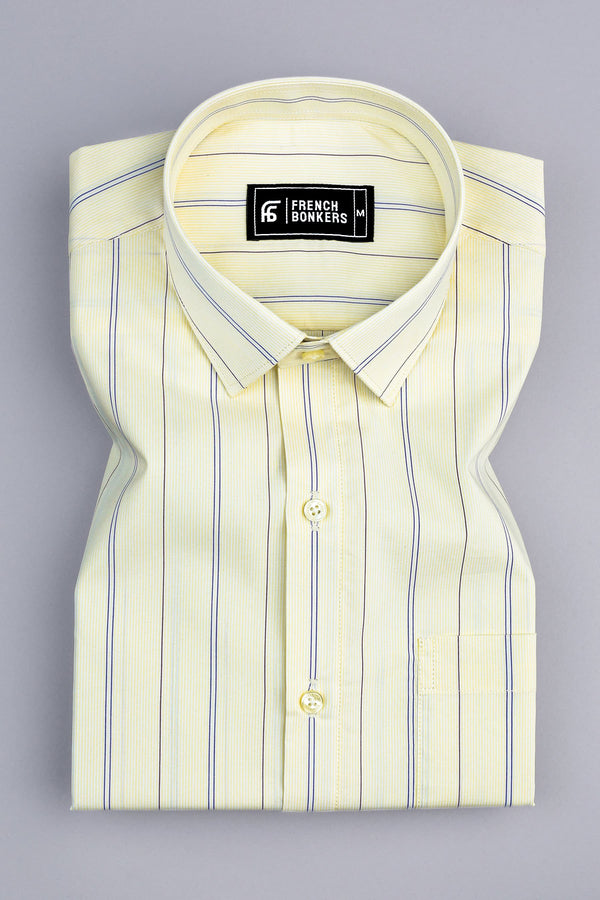 Butter yellow with royal blue stripe shirt