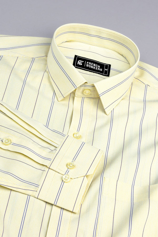 Butter yellow with royal blue stripe shirt