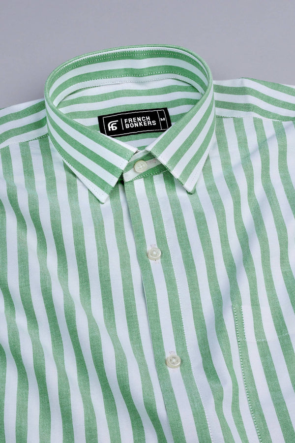 White with green stripe shirt