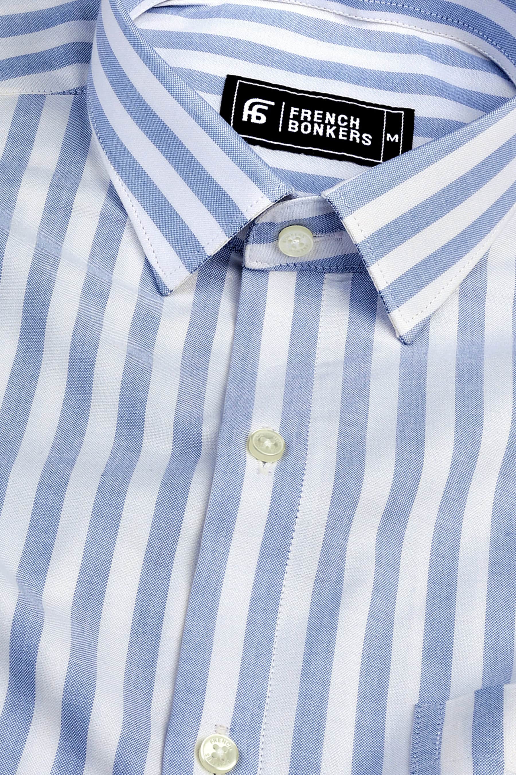 White with blue stripe shirt