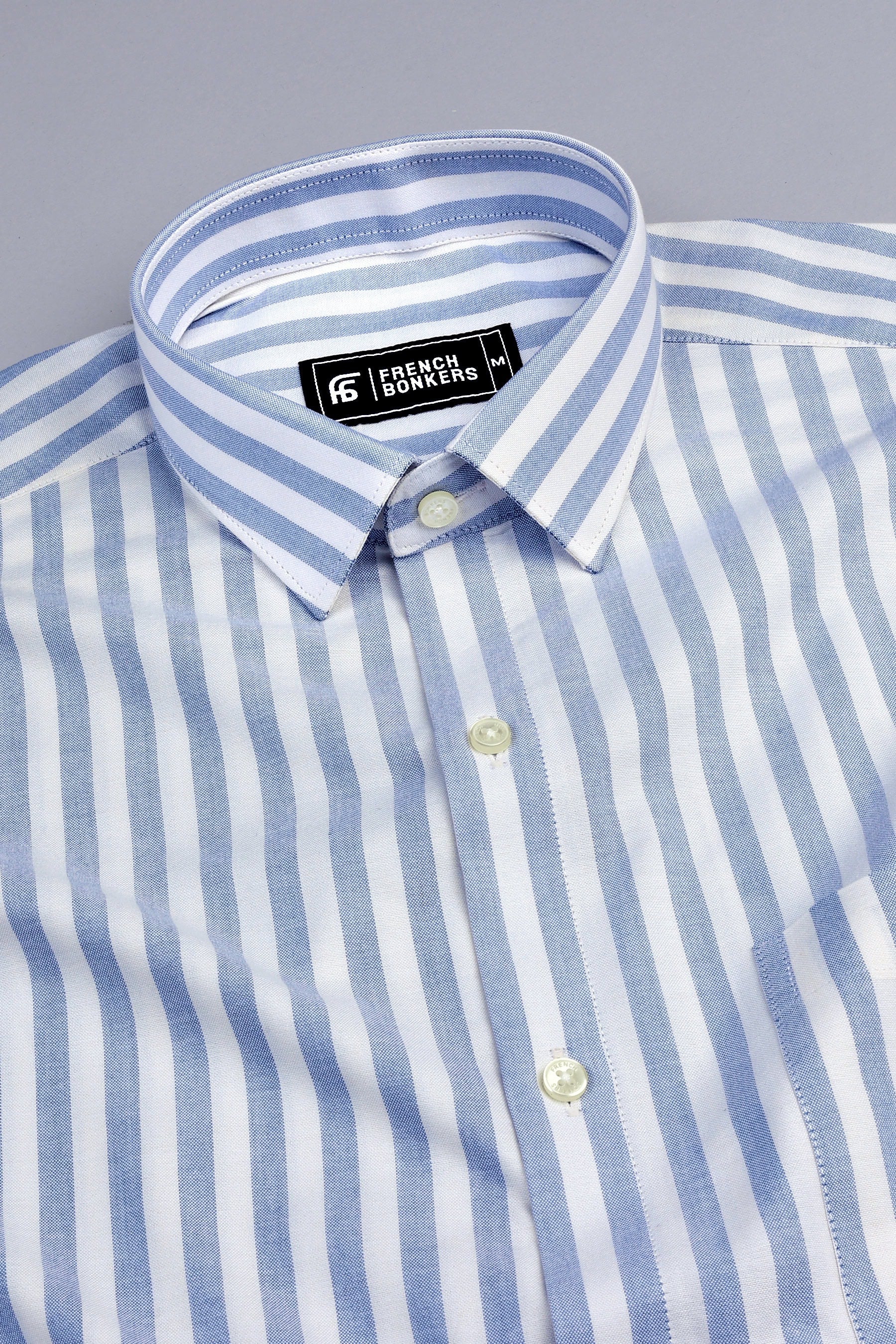 White with blue stripe shirt