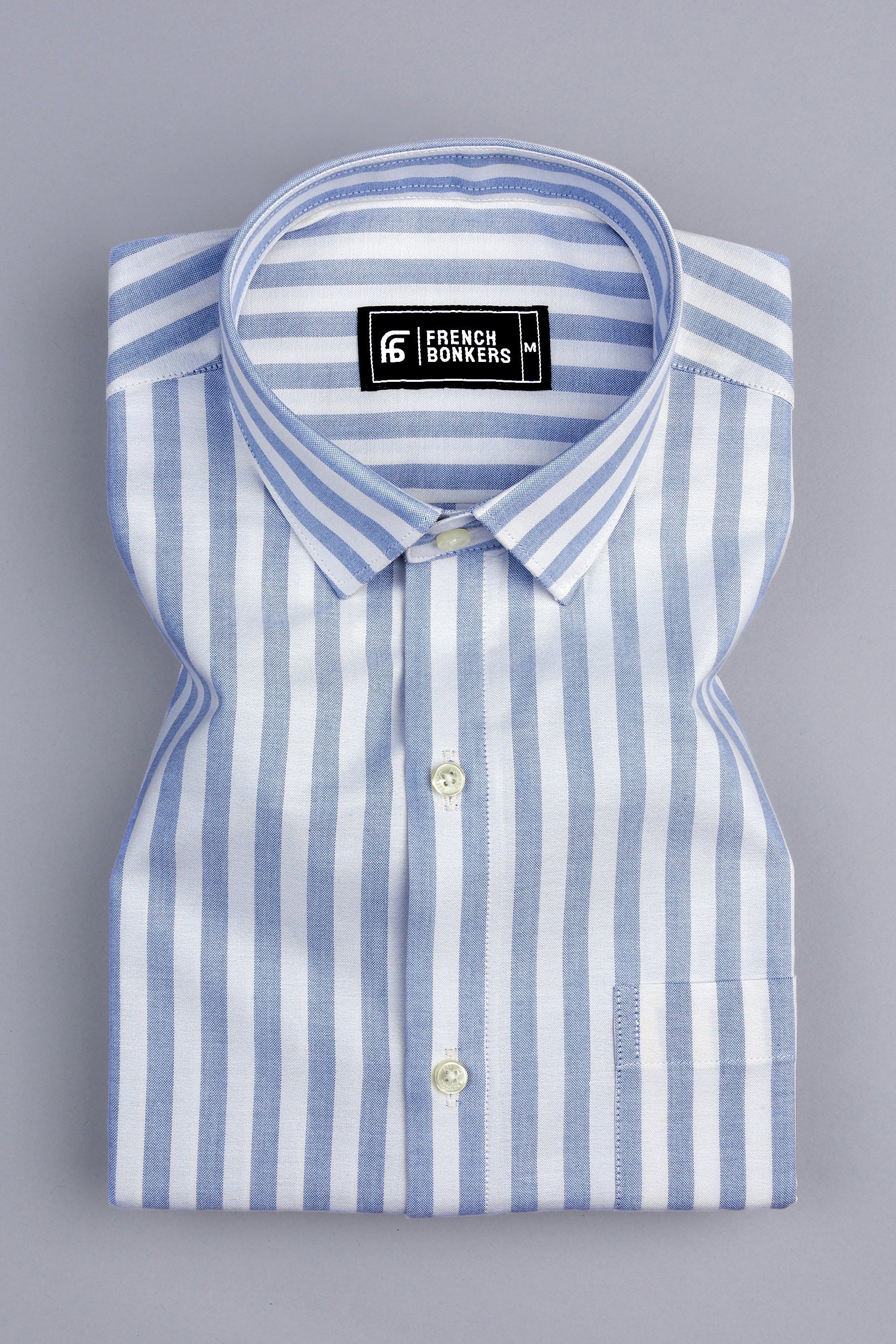 White with blue stripe shirt