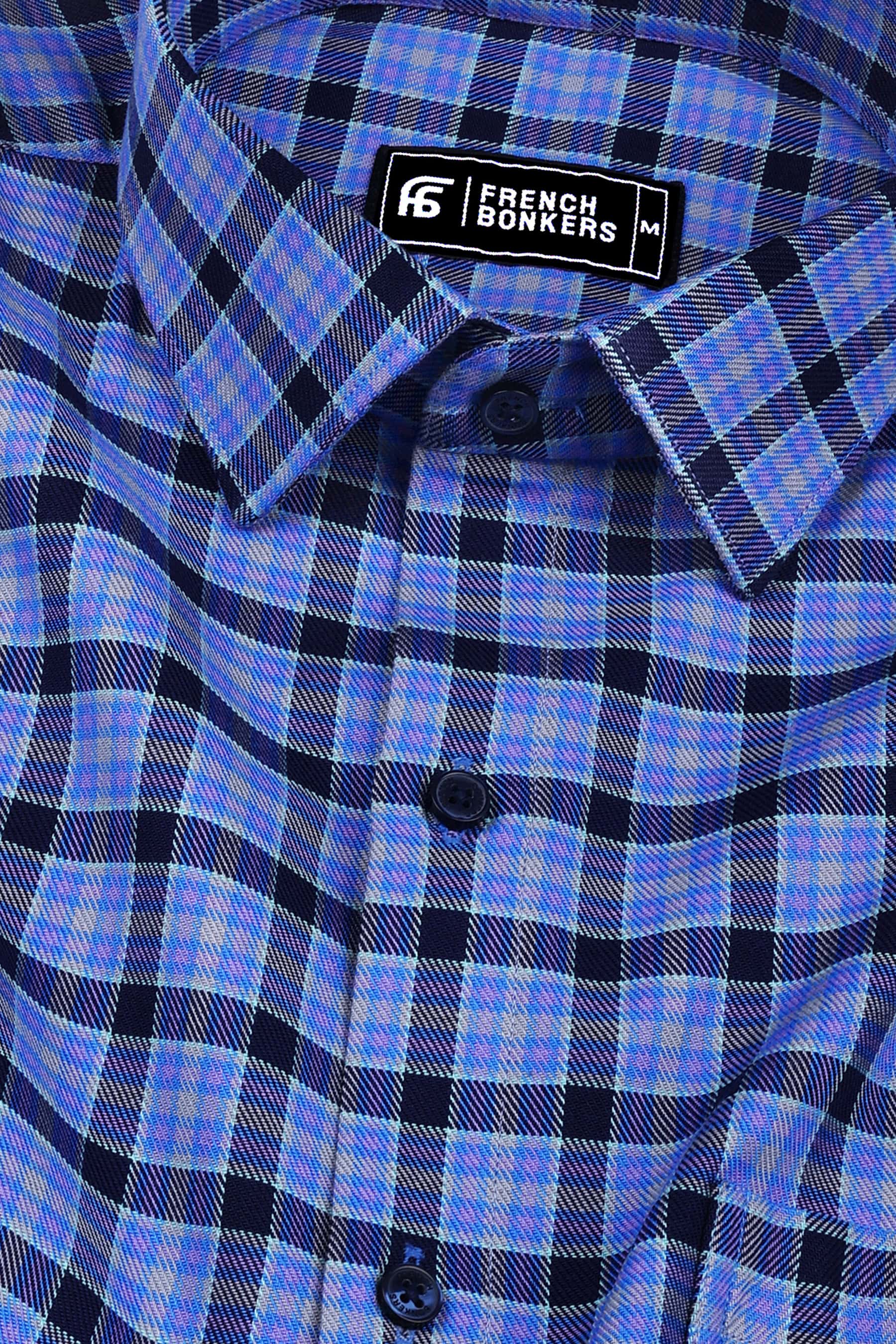 Blue with purple tartan plaid check cotton shirt