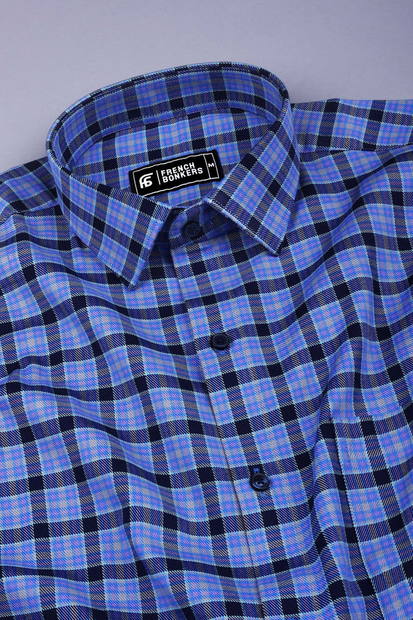 Blue with purple tartan plaid check cotton shirt