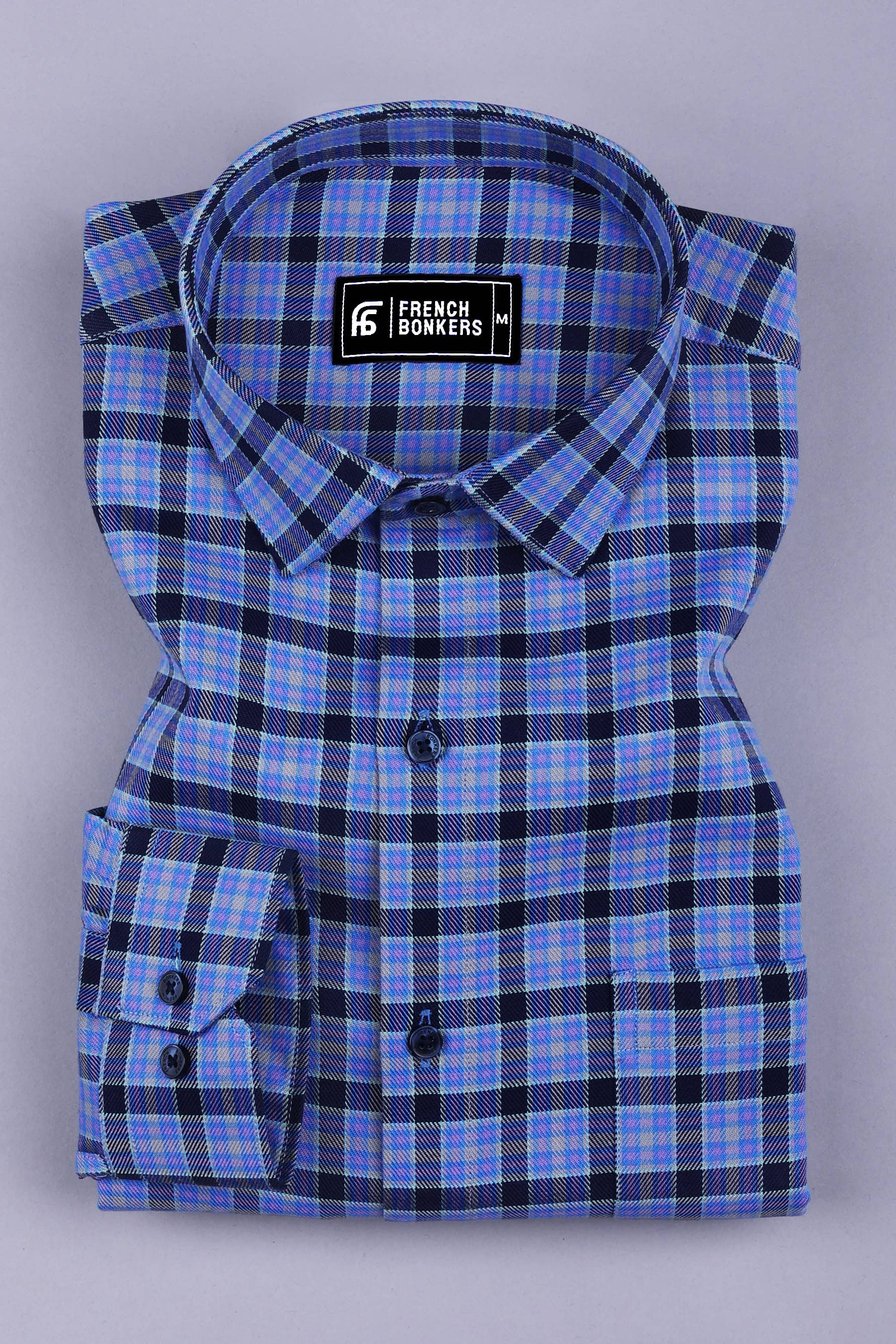 Blue with purple tartan plaid check cotton shirt