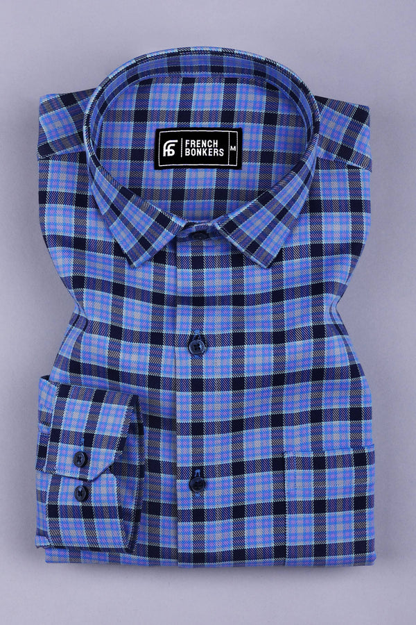 Blue with purple tartan plaid check cotton shirt