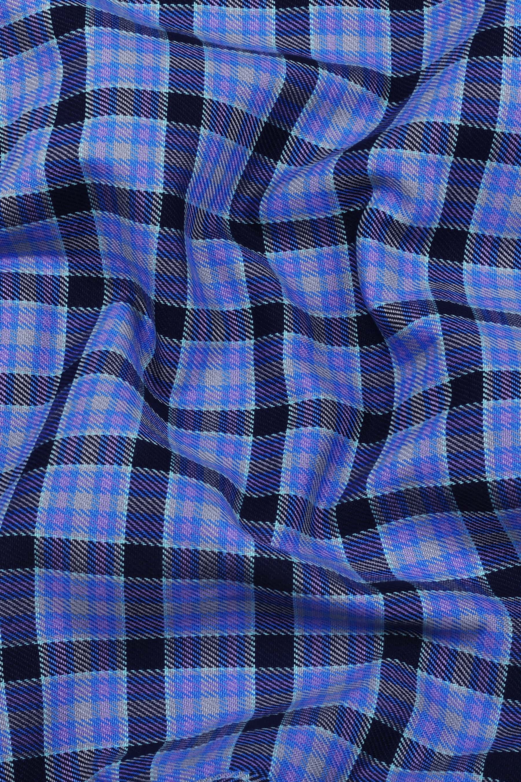 Blue with purple tartan plaid check cotton shirt