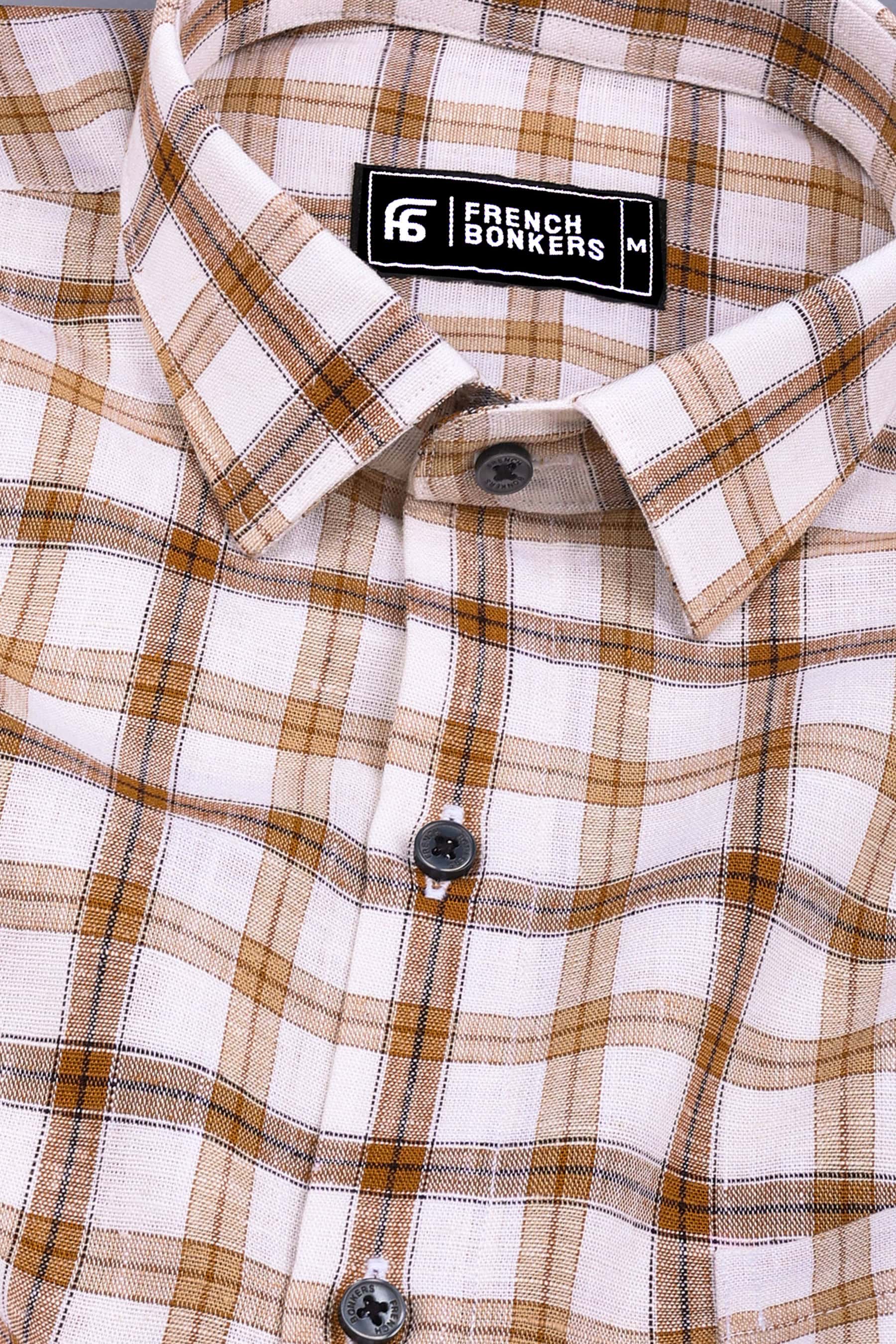 Cream with brown box check cotton shirt