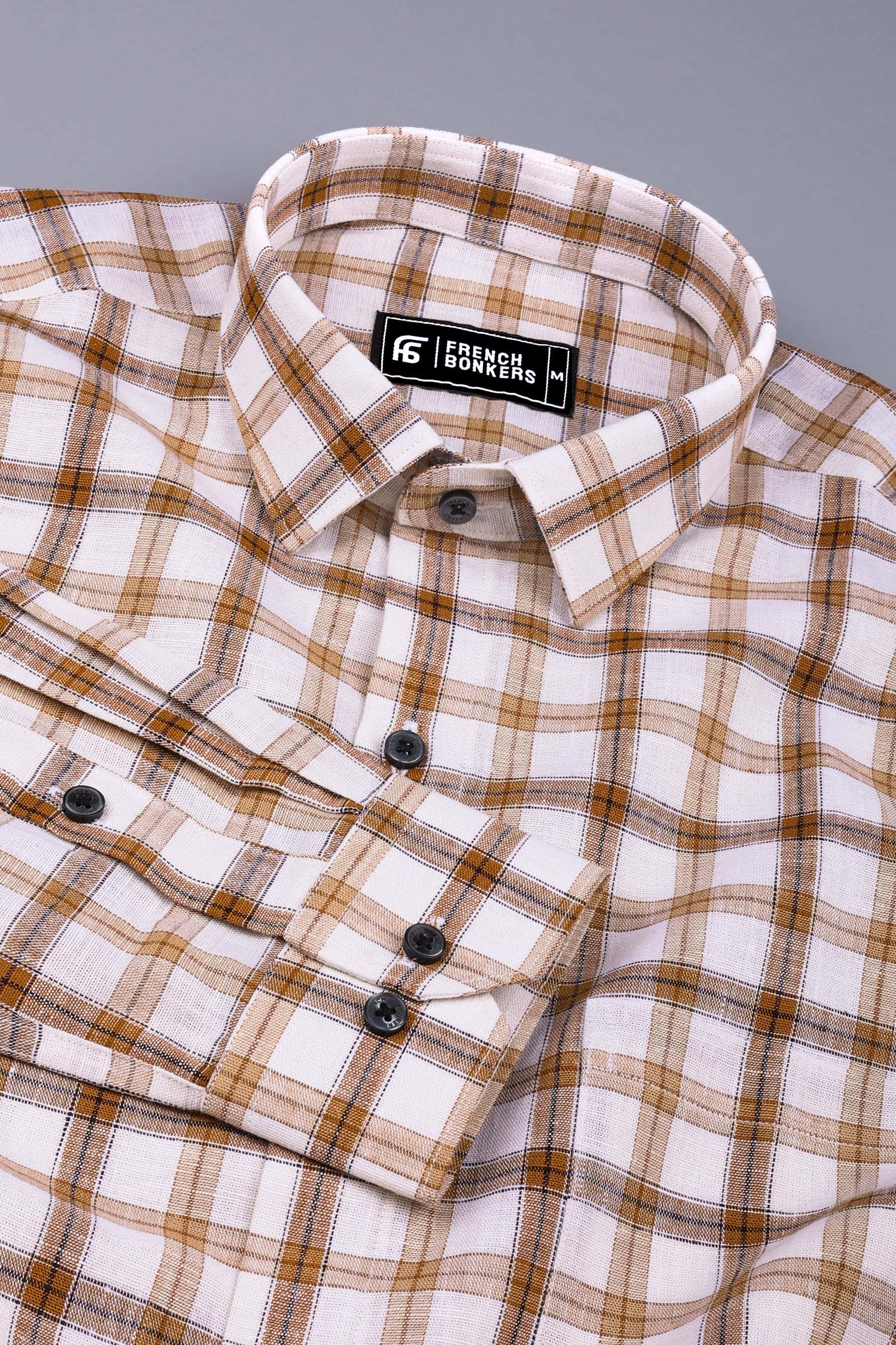 Cream with brown box check cotton shirt