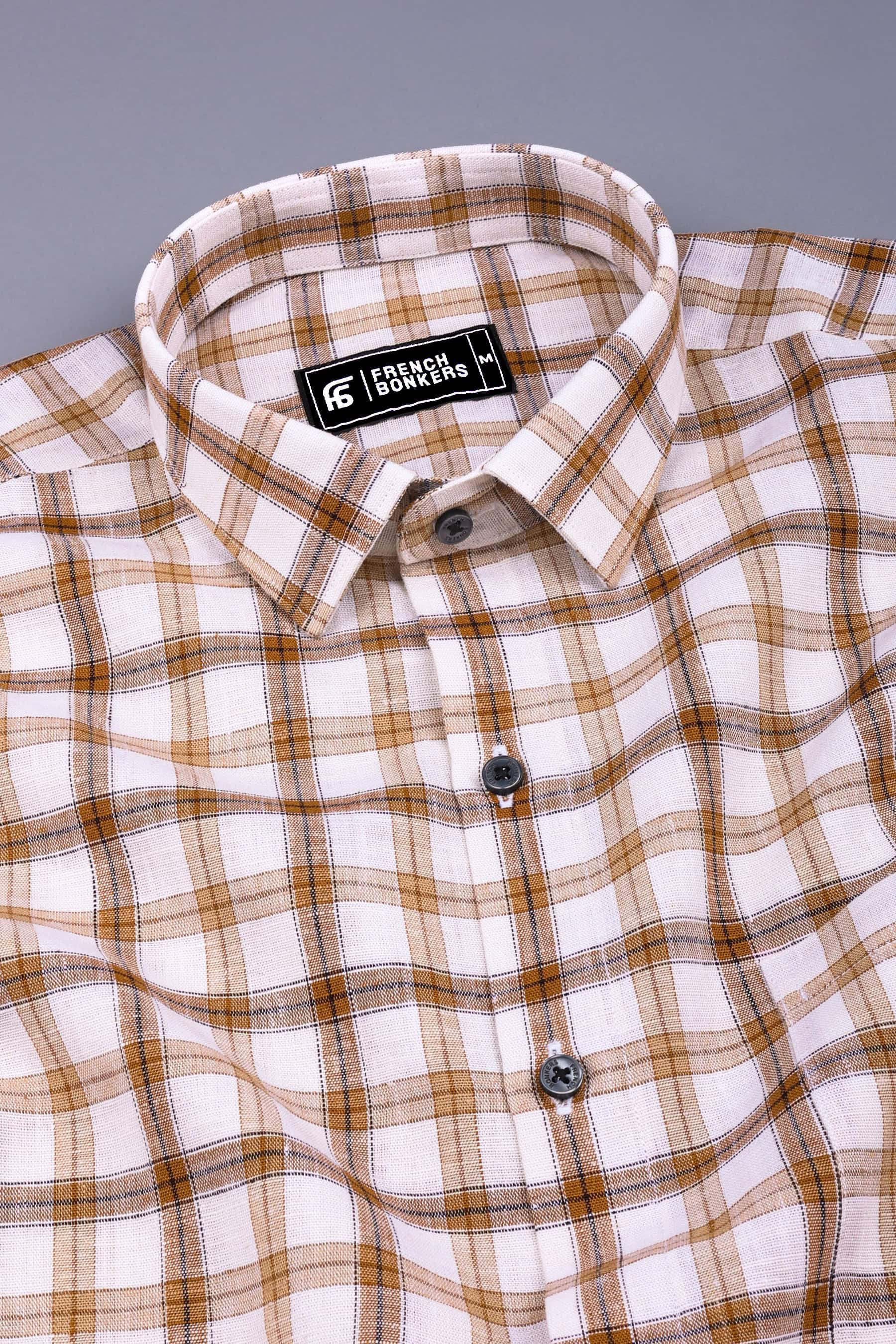 Cream with brown box check cotton shirt