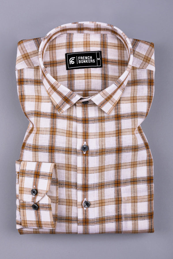 Cream with brown box check cotton shirt