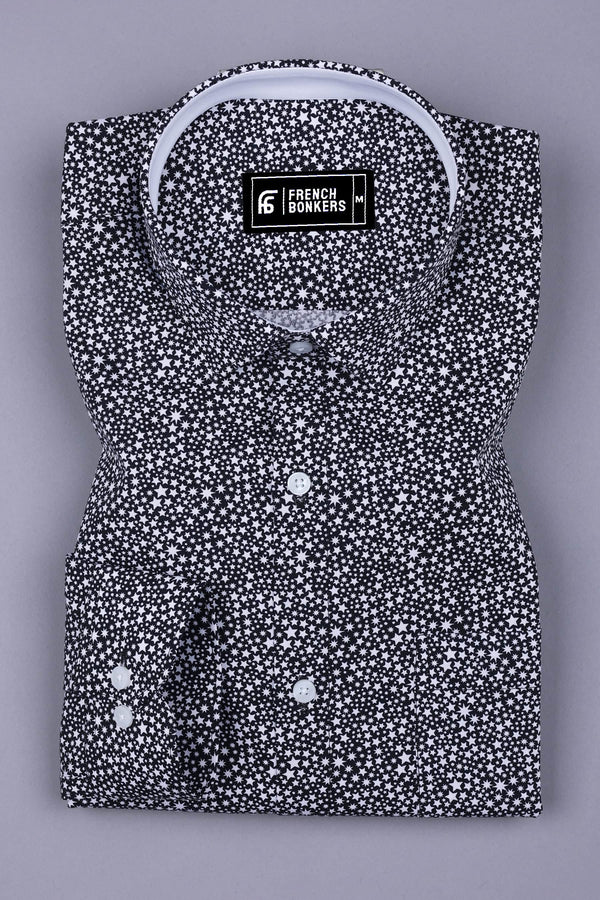 Black With White Star Printed Cotton Shirt