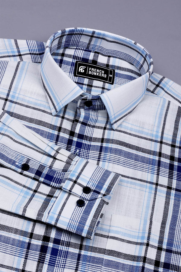 White With Blue Windowpane Dobby Check Shirt