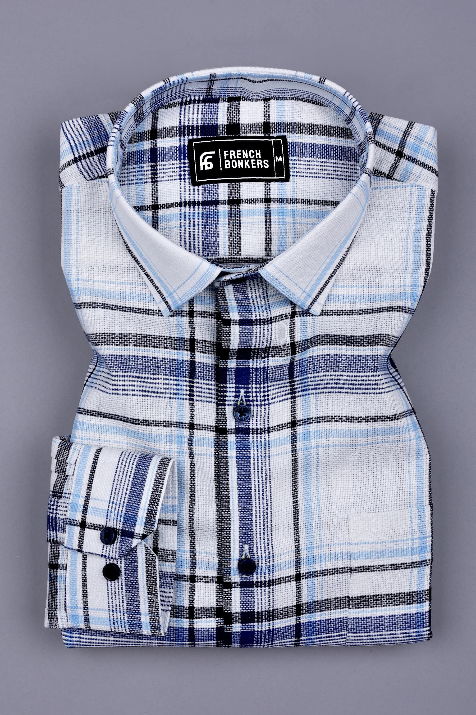 White With Blue Windowpane Dobby Check Shirt