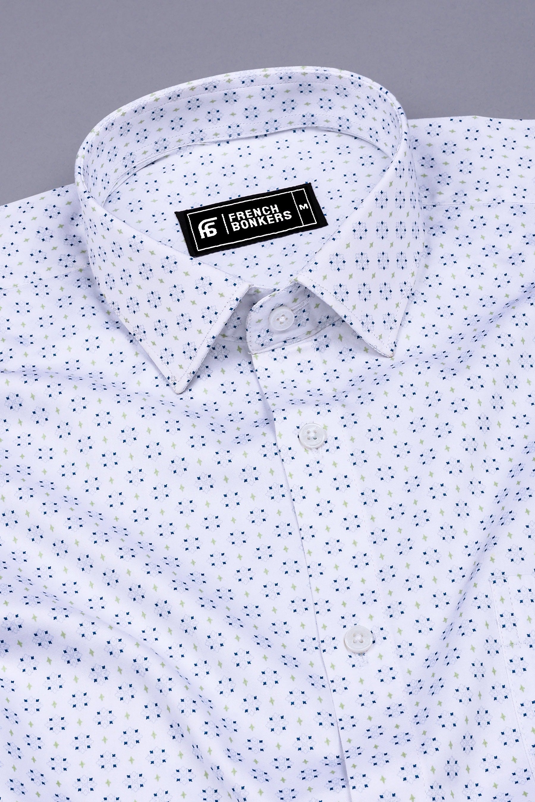 White With Blue Diamond Printed Cotton Shirt