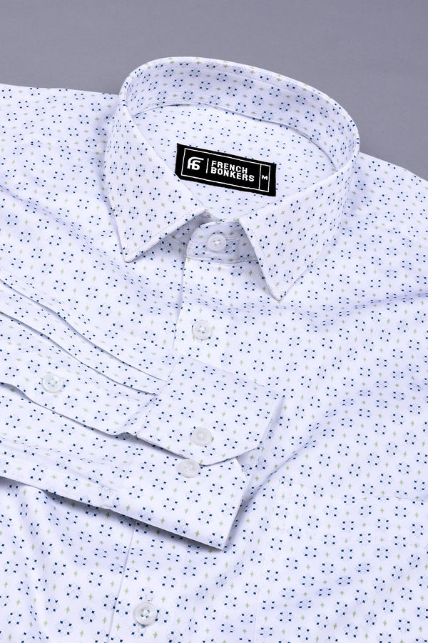 White With Blue Diamond Printed Cotton Shirt