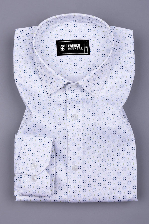 White With Blue Diamond Printed Cotton Shirt