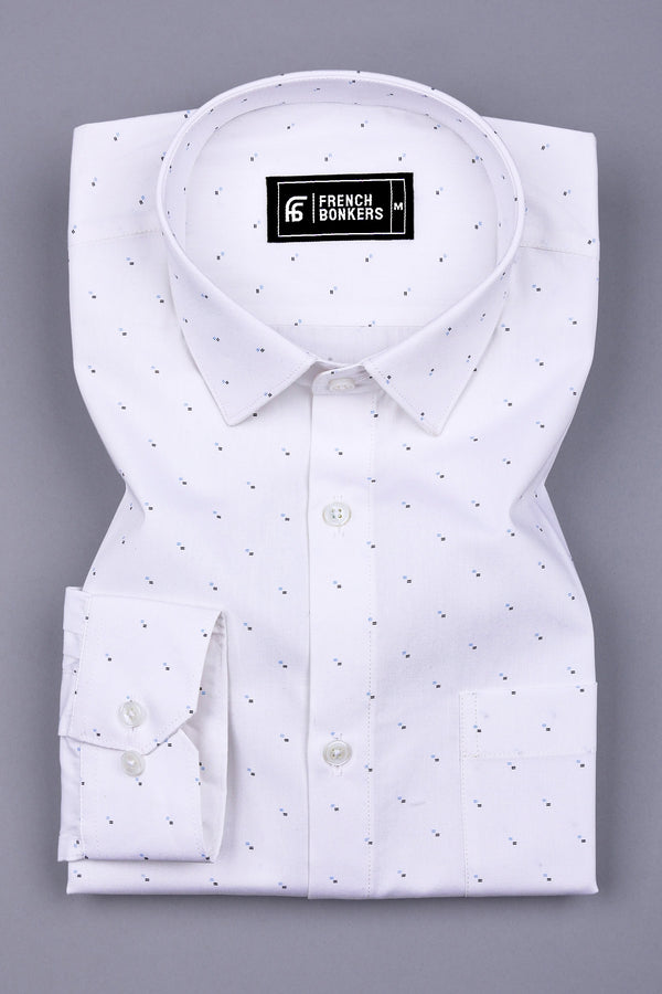 White With Sky Blue And Black Printed Cotton Shirt