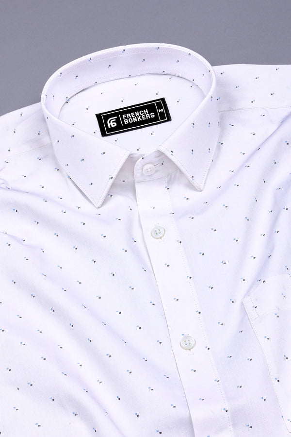 White With Sky Blue And Black Printed Cotton Shirt